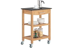 ‎SOBUY SoBuy Servierwagen mit Rollen Küchenwagen mit Arbeitsplatte Rollwagen Küche Beistelltisch Servierwagen Outdoor Bambus mit Granitplatte 58x85x40cm FKW28-SCH