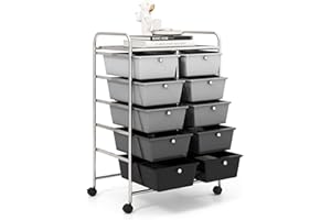 GiantexUK 10 Drawers Storage Cart, Mobile Rolling Storage Trolley with 4 Lockable Wheels & Handles, Utility Shelving Organizer Unit for Home Office Salon Beauty Make up (Gradient Black)