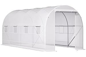 Outsunny Invernadero para huerto con 8 ventanas y puerta enrollable, invernadero de jardín tipo túnel, estructura de acero y lona de polietileno, 5 x 2 x 2 m, blanco