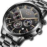 LIGE Uhr Herren Wasserdicht Edelstahl Sport Analog Quartzuhr Mit Beiläufig Chronograph Mond Phase Militär Schwarz Armbanduhr Männer