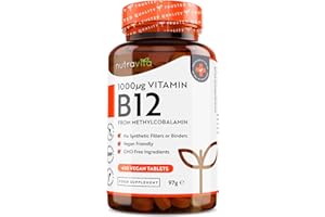 Vitamin B12 1000mcg - 450 High Strength Vegan Tablets - Max Strength B12 Supplement - Contributes to The Reduction of Tiredness and Fatigue - Made in The UK by Nutravita