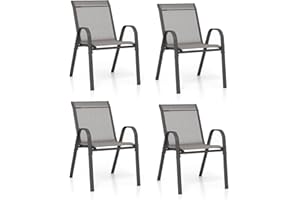 KOMFOTTEU Juego de 2/4 Sillas de Jardín, Silla Apilable Terreza Exterior de Tela con Marco de Metal, Sillón de Comedor con Reposabrazos y Respaldo Alto, Carga 150kg, 56 x 70 x 84 cm (4, Gris)