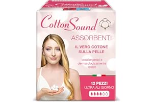COTTON SOUND ULTRA ALI GIORNO Assorbenti con Cotone 12 Pezzi, 100% Cotone Idrofilo, Ipoallergenici, Dermatologicamente Testati, Super Assorbenti, Tecnologia Multistrato, Made in Italy