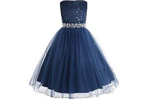 iiniim Robe De Princesse Baptême Cérémonie Anniversaire Enfant Fille Dentelle Paillettes Robe sans Manches avec Ceinture à Crystal Tenue Soirée Cadeau De Fille 2-12 Ans