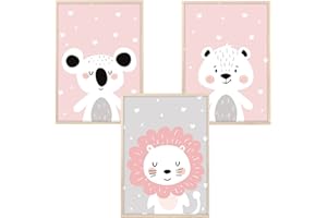 MeinBaby123® Set di 3 immagini per cameretta dei bambini, formato DIN A4, immagini da parete, decorazione per la cameretta dei bambini, poster da parete di alta qualità (simpatici amici, rosa)