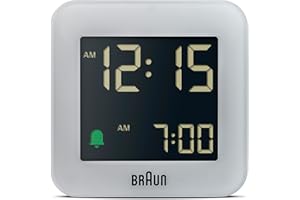 Braun Digital Travel Alarm Clock with Snooze, Compact Size, Negative LCD Display, Quick Set,Crescendo Beep Alarm in Grey, model BC08G.