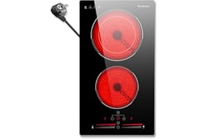 Karienvir Piano cottura vetroceramica 2 fuochi, 30 cm, 3200 W, piano cottura da incasso e piano di lavoro, cursore, 220 – 240 V con spina, blocco di sicurezza, timer, zona estesa