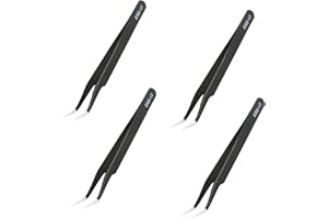 AOJE LINK-ELECTRIC Aoje-Link ESD-17 Professional Anti-Static Precision Technology Tweezers, Non-Magnetic Fine Tip Curved, Stainless Steel Plastic Coated, Full Length 125mm, Black, 4pcs