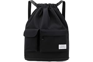 FAVORTALK Large Capacity Gym Bag - Drawstring Sports Backpack with Outside Zipper for Women & Girls - Solid Color Swimming & Beach Sports Bag