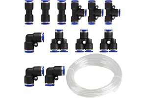 FANGKUN Lot de 12 raccords rapides à pression de 4 mm pour raccord de raccordement, raccords rapides à air (connecteurs L+I+T+Y Fittings) + tuyau pneumatique en polyuréthane de 10 m, transparent