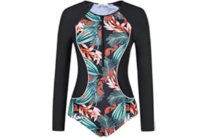 JASAMBAC One-Piece Rash Guard Swimsuits for Women Uv UPF 50+ Ladies Swimming Costumes with Removable Pads Zip UP Surf Suit Long Sleeves Modest Swimwear Elastic Swim Bodysuits Bathing Suit