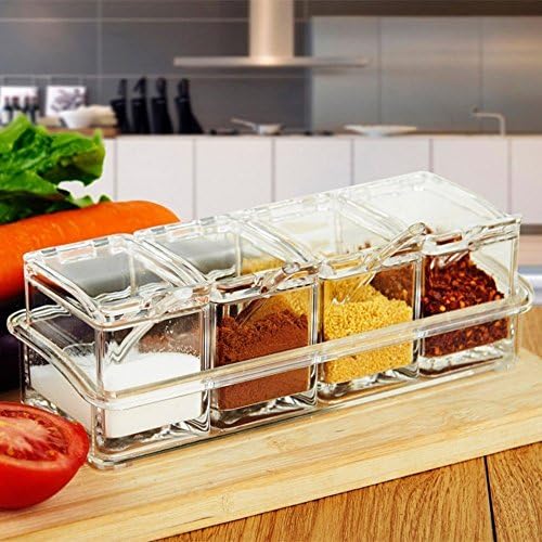 Seasoning Condiment Storage Box,4 PCS Premium Quality Food Grade Acrylic Condiment Tray , Removable Pots with Cover and Spoons.