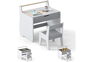 LIFEZEAL Tavolino e Sedia per Bambini 3+Anni, Tavolo con Lavagna Bifacciale, Contenitore Nascosto, Rotolo di Carta, Sedia con Schienale, Tavolino Montessori Multiattivita per Cameretta (bianco+grigio)