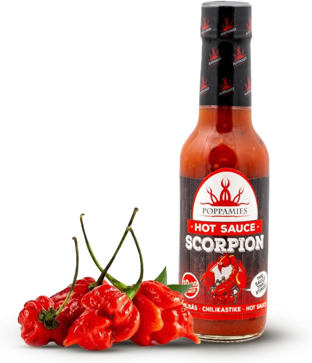 Poppamies Salsa picante Scorpion de Trinidad scorpion Chili - Sin Gluten Sin Lactosa Vegano - Picante: 10+/10 Extra Caliente - 150ml