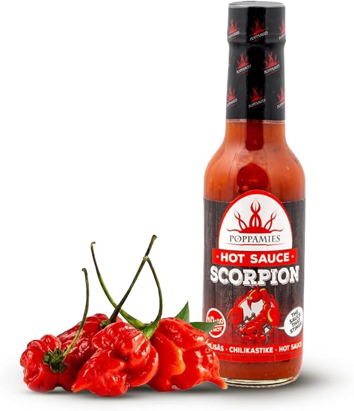 Poppamies Salsa picante Scorpion de Trinidad scorpion Chili - Sin Gluten Sin Lactosa Vegano - Picante: 10+/10 Extra Caliente - 150ml