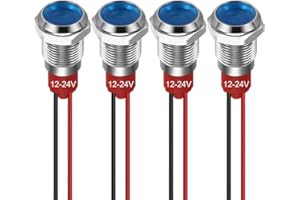 GUUZI 10mm Lampka Kontrolna LED 12-24V Wodoodporna Lampka Sygnalizacyjna Panel Metalowy Wskaźnik LED Lampka Sygnalizacyjna Mocowanie Panelu Głowica Płaska z Przewodami Srebrny Skorupa(Niebieski, 4 szt)