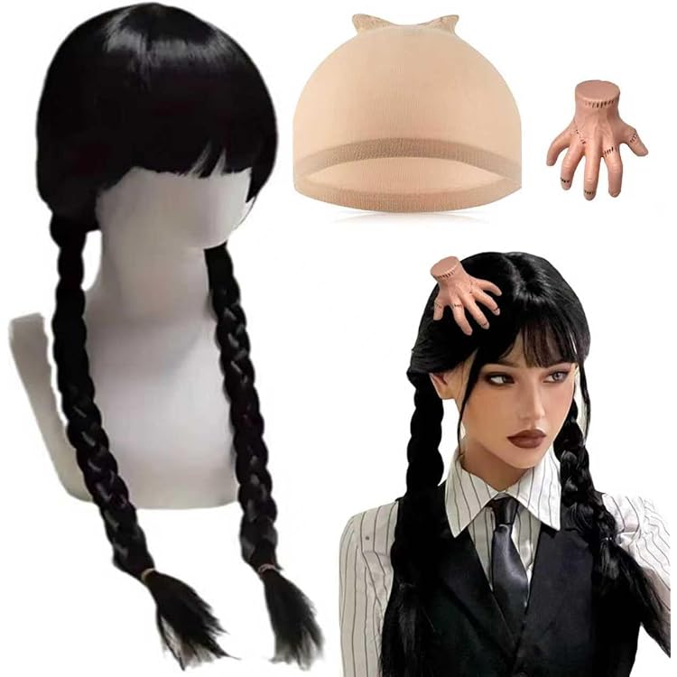 Perruque Mercredi Addams Avec Frange & Longues Tresses Noires | Cosplay Halloween Mardi Gras | Fibre Résistante à La Chaleur - 10