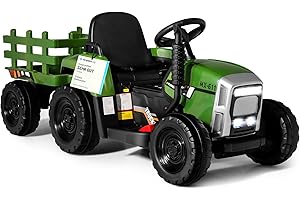 COSTWAY Traktor 12 V, 3-biegowy ze zdejmowaną przyczepą i pilotem zdalnego sterowania 2,4 G, traktor do siedzenia dla dzieci ze światłami LED, muzyka, klakson i funkcje USB, odpowiedni dla dzieci od 3