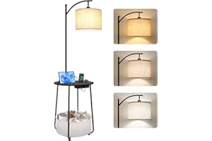 OUTON Lampadaire avec Table Ronde, Tables d’Appoint Latérales avec Station de Charge (USB et Type-C), 3 Températures de Couleur, Ampoule 12W, Table de Chevet avec Panier en Tissu pour Chambre, Salon