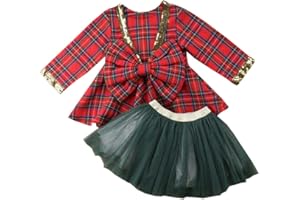 Carolilly Robe Noël Bébé Fille Manches Longue à Carreaux Rouge avec Tutu Jupe Verte Ensemble Pailleté avec Nœud Papillon,Rouge et