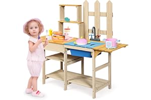 GOPLUS Cocina Infantil de Madera Juguete de Cocina con Grifo y Bandeja de Barro, Cocina de Barro para Jardín, Juego de rol para Niños y Niñas a partir de 3 Años, Azul + Amarillo