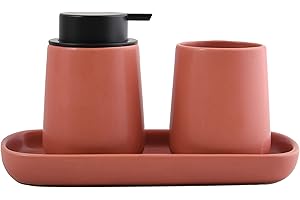 MSV Badezimmer Set, 3-teiliges Badzubehör aus Keramik Maonie Seifenspender, Badablage für Schmuck und Zahnputzbecher Terracotta Rot