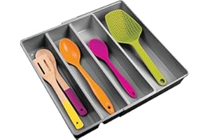 mDesign Organizador de cubiertos con 4 divisiones – Cuberteros extensibles para ordenar utensilios de cocina en cajones – Bandeja para cubiertos y para organizar diversos artículos – gris oscuro