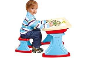 BAKAJI Banco Scuola per Bambini Scrivania Celeste con Sedia Dotato di Piano da Lavoro Ribaltabile e Vano Porta Oggetti Dimensione 38,5 x 46,5 x 43 cm