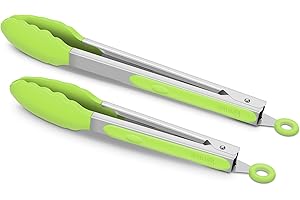 ALLWIN-HOUSEWARE W Premium Silicone Set of 2 Cooking Tongs, 9-Inch & 12-Inch BPA Free Non-Stick Stainless Steel BBQ Grilling Locking Food Tong, Light Green