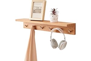 INMAN OAKERLAND Wandregal mit Hakenleiste Wandgarderobe mit 6 Haken und Ablage als Badregal mit Handtuchhalter aus massiv Holz Wandhandtuchhalter als Garderobe für Diele und Bad, natur (70 CM)