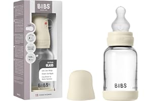 BIBS Baby Glass Bottle. Anticólicos. Tetina redonda de Silicona. Favorece la lactancia natural, 120ml, Complete Set - Ivory