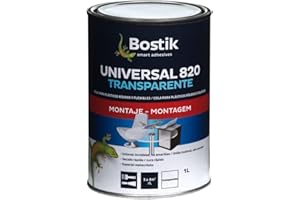 BOSTIK UNIVERSAL 820 Transparente, Adhesivo Universal, Agarre Inmediato y Definitivo, Adhesivo de Contacto Flexible e Invisible, Polivalente, Secado Rápido, Especial Pegado de Plásticos, Bote 1 l