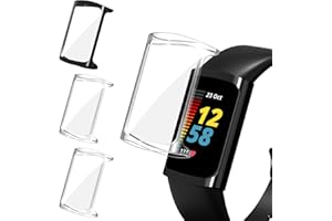 ivoler 3 Stücke Hülle mit Schutzfolie für Fitbit Charge 6 / Fitbit Charge 5, Vollständige Abdeckung Stoßfest Kratzfest Schutzhülle Ultradünne Weiche TPU Displayschutz Case, 2 Klar + 1 Schwarz