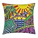 Produktbild DAICHAI Kopfkissenbezug Fantasy Throw Pillow Cushion Cover, Artistic Colored Fictional Landscape with The Sun Tree Flowers Sea Bridge Car, Decorative Square Accent Pillow Case, 18 X 18 inches, Yellow