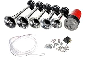 ePathChina 5pcs 12V 125dB Dixie Musical Sound Air Horn Kit 5 Powerful Super Loud Trumpet with Compressor for Any 12V Vehicle Car Truck Boats（Silver）
