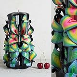 Groß, Schwarz mit hellen, lebendigen Farben - dekorativ geschnitzte Kerze - EveCandles