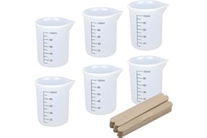 KINBOM - Juego de 6 tazas Medidoras De Silicona de 100 ml para Resina, Vasos Medidores de Silicona Flexible Translúcida para Mano con 20 Agitadores de Madera