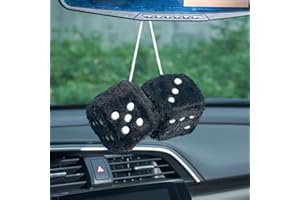 JSCARLIFE 1 Pair of Retro Square Mirror Hanging, Couple 2.95” Fuzzy Plush Dice with Dots Mirror Fuzzy Dices for Car Interior Ornament Decoration (Black)
