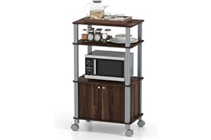 KOMFOTTEU Carrello da Cucina a 3 Livelli per Microonde, Carrello Portaoggetti con Ruote e Armadio con Porta, Carrello di Servizio in Legno, Organizer per Sala da Pranzo, 60 x 40 x 98 cm (Marrone)