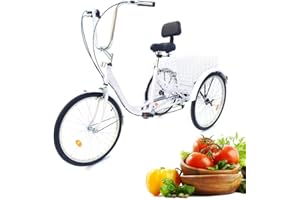 LENJKYYO 24Inch Adult Tricycle 3-Wheel Bicycle Seniors Shopping Cargo Trike 6-Speed Rickshaw Trike Bike with Backrest Rear Basket (White)