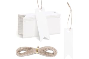 Larrel Lot de 100 étiquettes cadeaux en papier de 2 x 7 cm avec ficelle de jute de 20 m - Étiquettes cadeaux vierges pour mariage, artisanat, Noël - Blanc