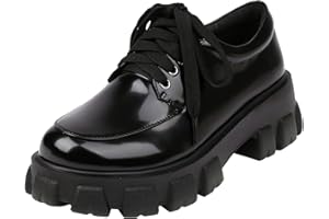XIEWANG Black Work Shoes for Women Lace up Round Toe Ladies Platform Chunky Oxford Shoes