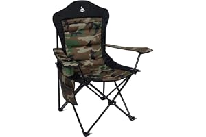 LuxeTrail Vadderad Hopfällbar Campingstol med Hög Rygg, Kamouflage | Lättvikt, Ergonomiskt högt ryggstöd, Vadderad sits, Mugghållare, Sidoficka, Hopfällbar med bärväska