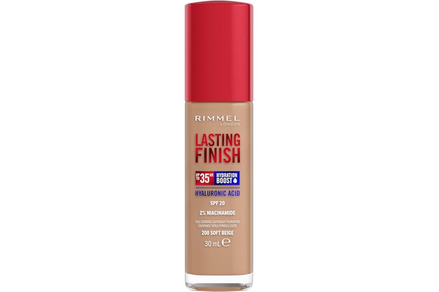 Rimmel Lasting Finish 35Hr Foundation 200 Soft Beige, Full Coverage, Hydrating, SPF20, Hyaluronic Acid, Vitamin E, 2% Niacinamide, All Day Wear, Vegan, Cruelty Free