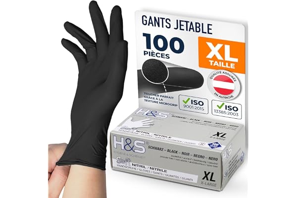 Gants nitrile jetables non poudrés H&S (100 pièces), S Small M Medium L Large XL X-Large, sans latex, convient pour aliments, dermophile et bien tolérée - pour les peaux sensibles (noir, XL)
