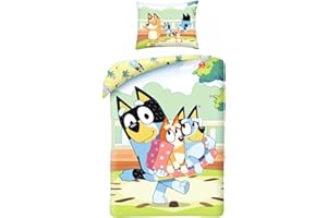HALANTEX Bluey Bedding Set, 100% Cotton, Green, Reversible Duvet Cover 140 x 200 cm + Pillowcase, with Bluey, Bingo and Bandit
