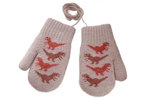INSZKOOS Toddler Fleece Lined Dino Winter Mittens with String 1-3 Years Baby Boys Girls Soft Winter Wool Knit Mitten Kids Cold Weather Insulated Warm Gloves