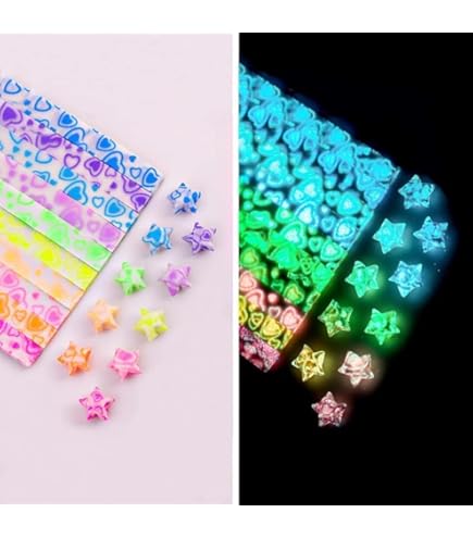 ODETOJOY Glow in the Dark Lucky Star Origami Papier Opvouwbare Plastic Strips Lichtgevend Papier Sterren Valentijnsdag Hart Ontwerp - 7 Kleuren, 210 Vellen