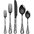 XIAOYU 5 Piece Skull Pattern Silverware Set, Stainless Steel Flatware Set, Gothic Unique Skeleton and Flower Pattern Design, Perfect for Halloween Easter and Christmas, Black