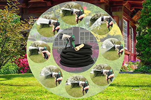 TRESKO® Flexibler Gartenschlauch, Wasserschlauch flexibel mit 3-fach Latexkern, dehnbarer Bewässerungsschlauch, flexiSchlauch mit hochwertiger 10-fach Multifunktions-Brause aus Metall + Druckregler, inkl. Adapter für 3/4“ und 1“ Wasserhahn-Anschluß, alle Verschraubungen aus hochwertigem Messing, inkl. Metall-Aufroller und Tragetasche, bis 10 bar (30m) - 6